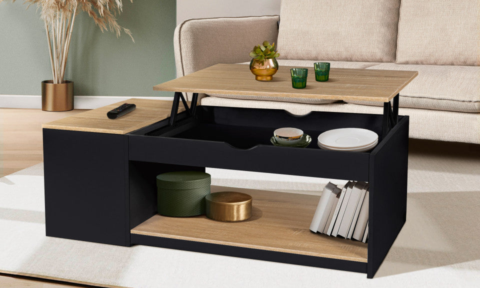 Table basse Elina avec double plateau relevable et coffre latéral noire et bois L110cm