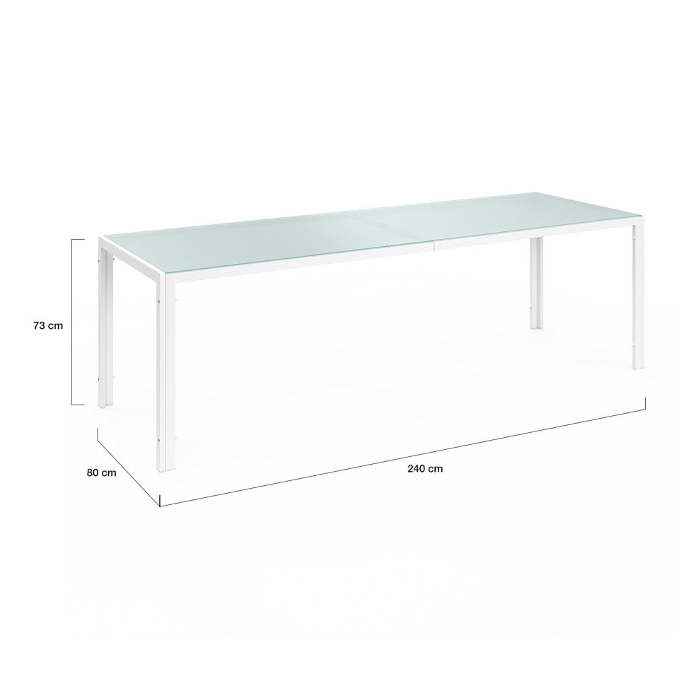 Ensemble repas Formentera 10 places en acier beige et verre trempé 240 cm