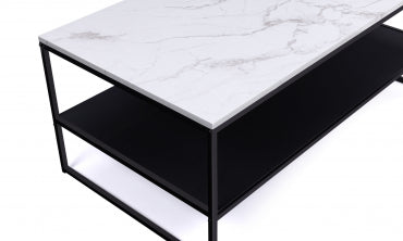 Table basse Glam double plateau effet marbre blanc et structure noire L113cm