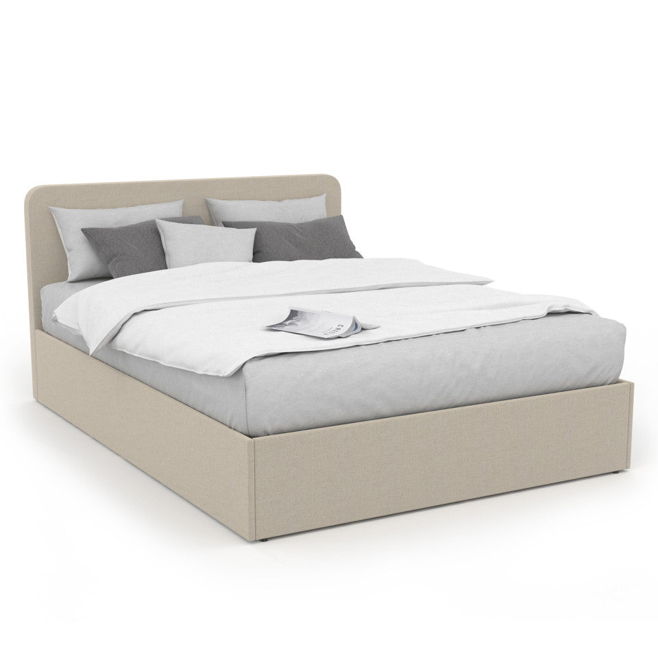Lit coffre Louise en tissu beige avec sommier et tête de lit arrondie 140x190cm