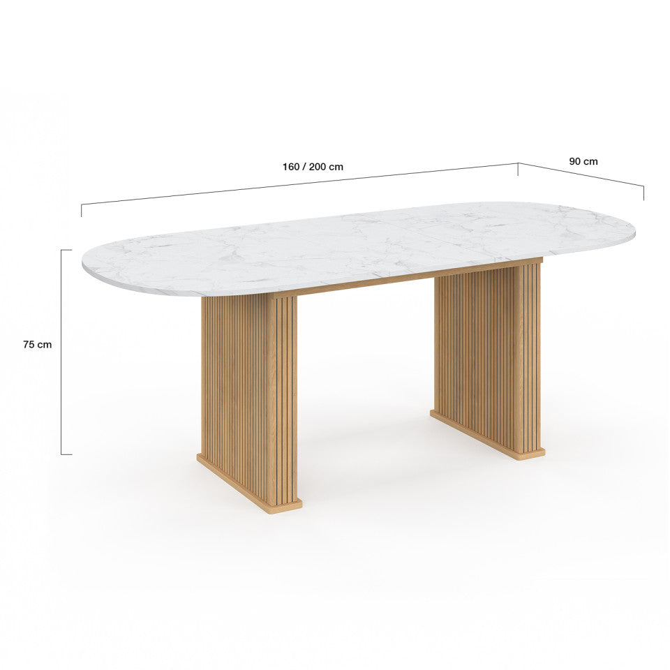 Table repas Marceau plateau extensible 160-200cm arrondi effet marbre et pieds lattes