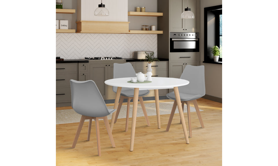 Table repas Stacy 110cm plateau rond blanc et pieds bois