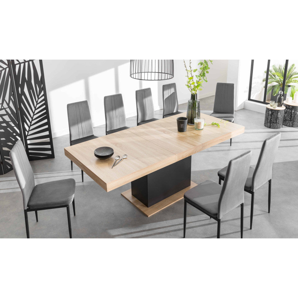 Table repas extensible Tania 200-250cm plateau bois et pieds central noir