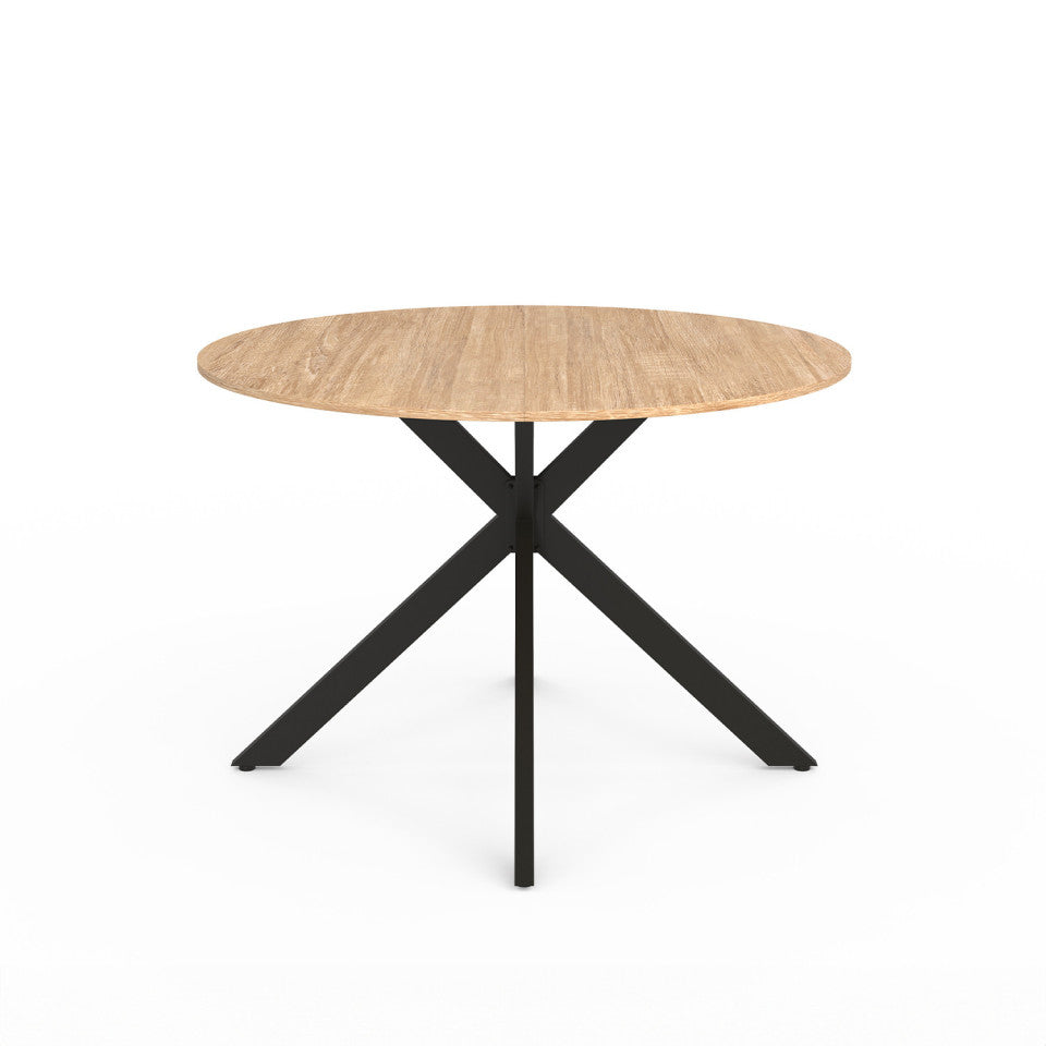 Table repas extensible Soline 110-150cm plateau rond bois pieds croisés noirs