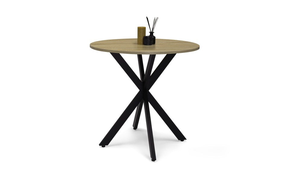 Table repas Soline 80cm plateau rond bois pieds croisés noirs