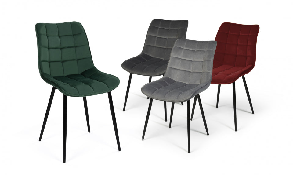 Chaises Melinda en velours mix de couleurs : 1x vert, 1x gris clair, 1x gris foncé et 1x bordeaux - lot de 4