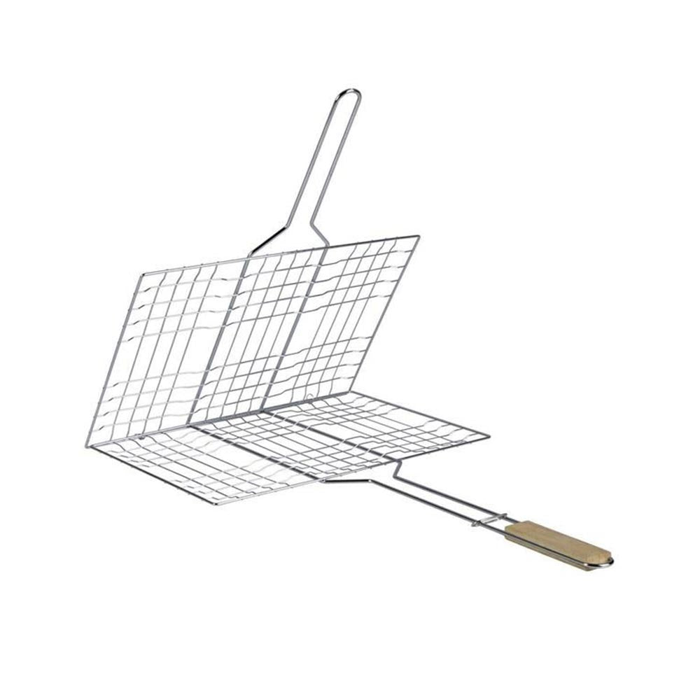 Double Grille Barbecue Rectangle 34x22 cm en Acier Chromé avec Manche en Bois