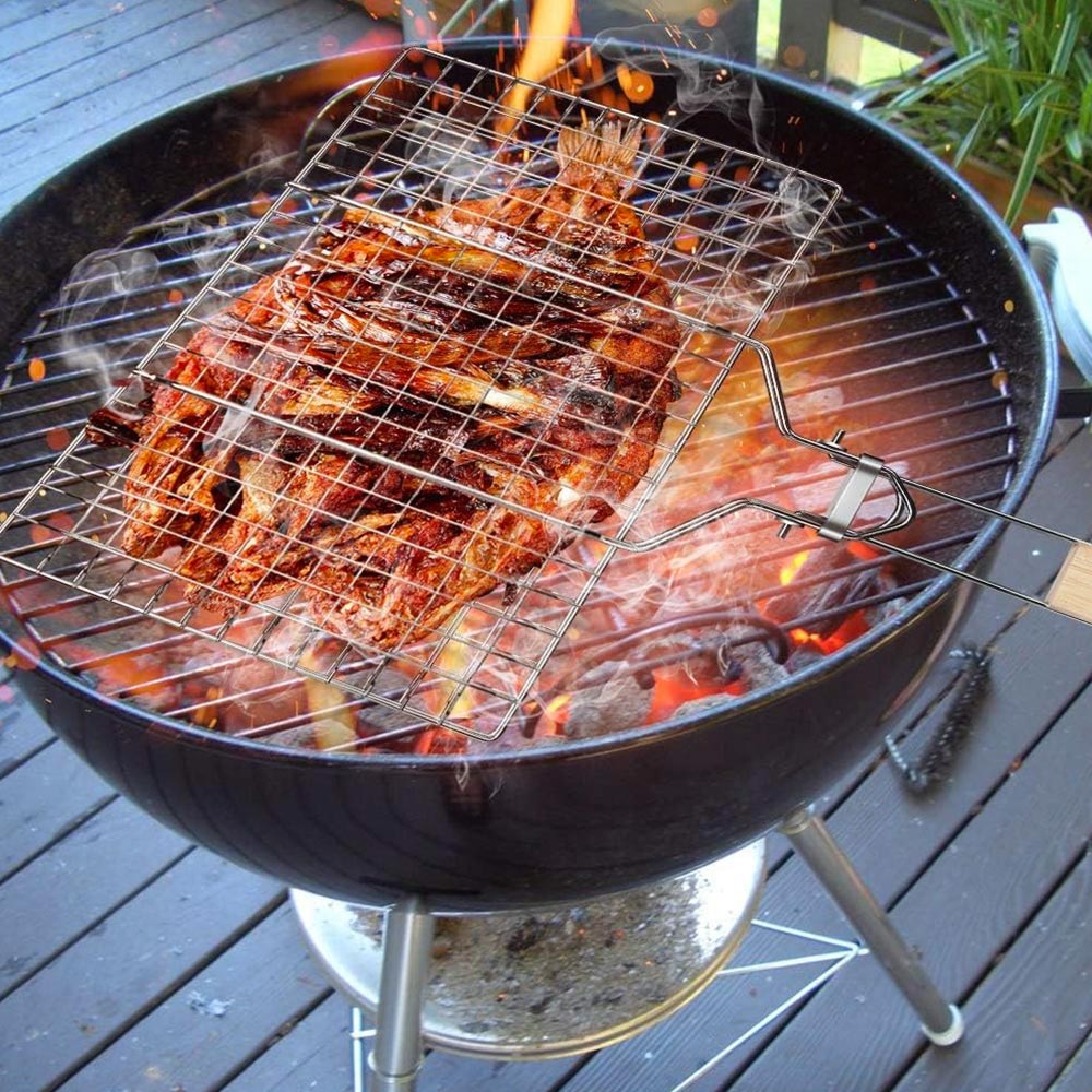Double Grille Barbecue Rectangle 34x22 cm en Acier Chromé avec Manche en Bois