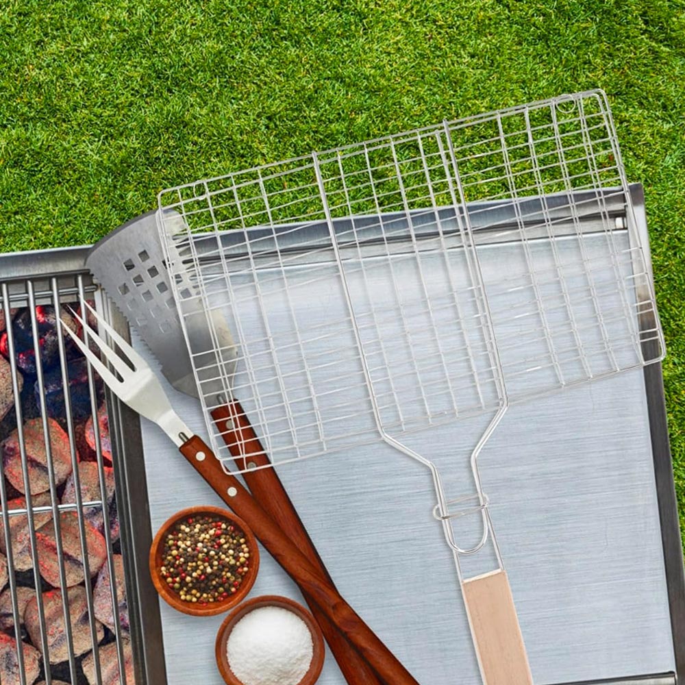 Double Grille Barbecue Rectangle 34x22 cm en Acier Chromé avec Manche en Bois