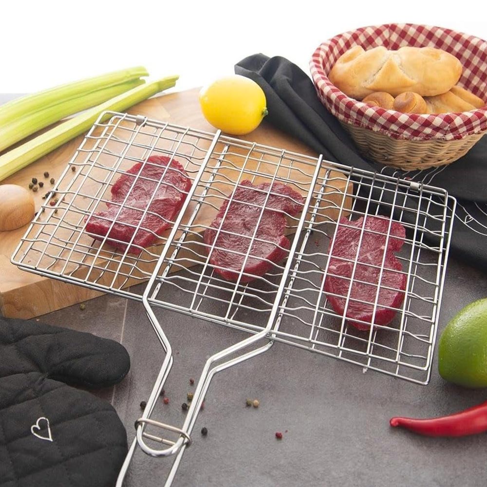 Double Grille Barbecue Rectangle 34x22 cm en Acier Chromé avec Manche en Bois