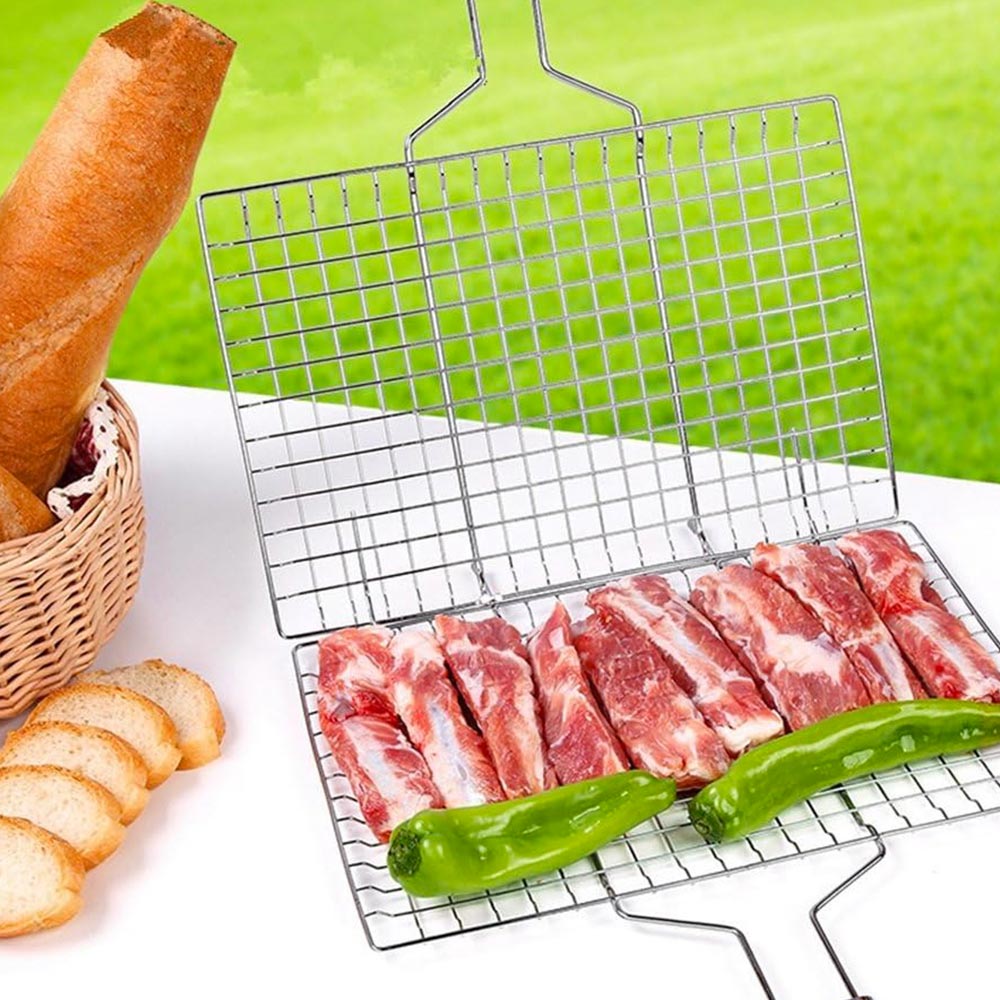 Double Grille Barbecue Rectangle 34x22 cm en Acier Chromé avec Manche en Bois