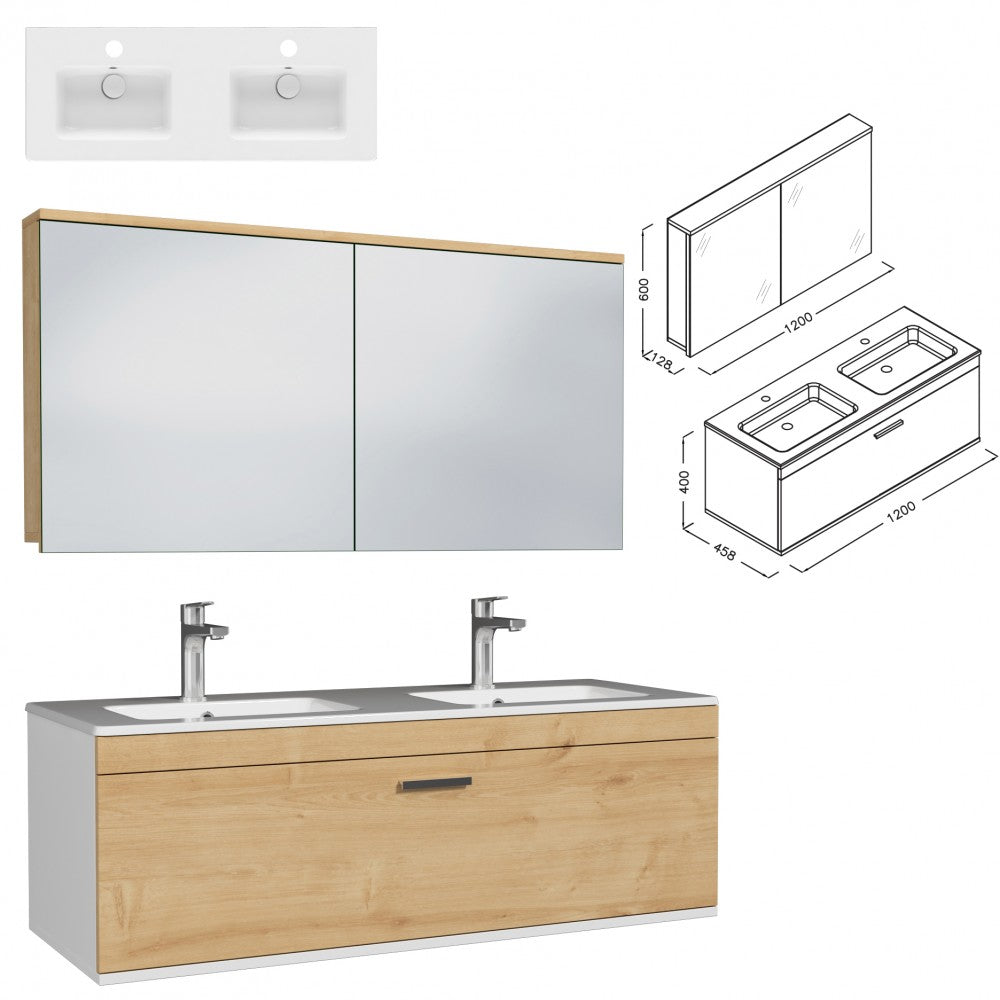 Meuble double vasque Rubite 1 tiroir  120 cm + miroir armoire