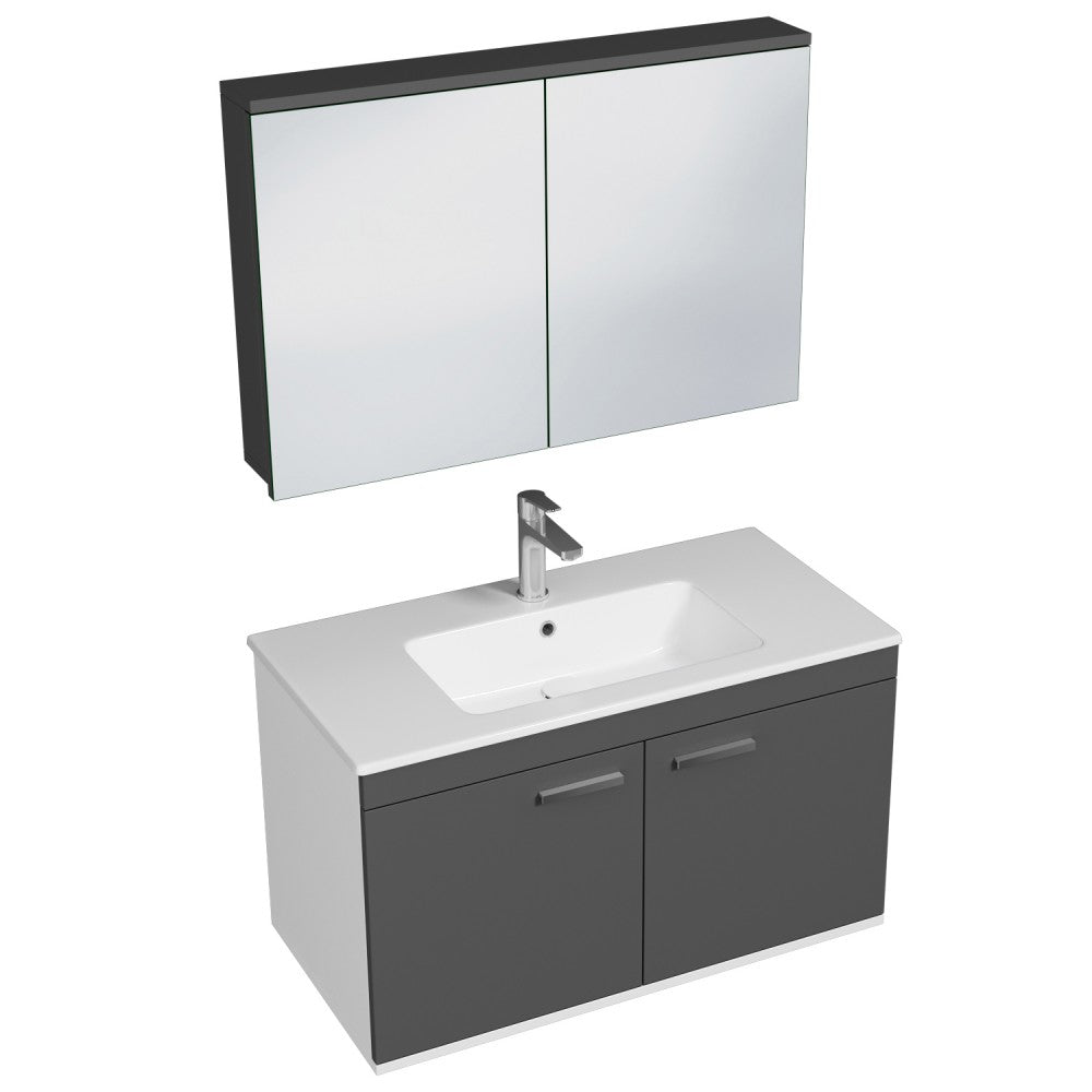 Meuble simple vasque Rubite 2 portes 100 cm + miroir armoire