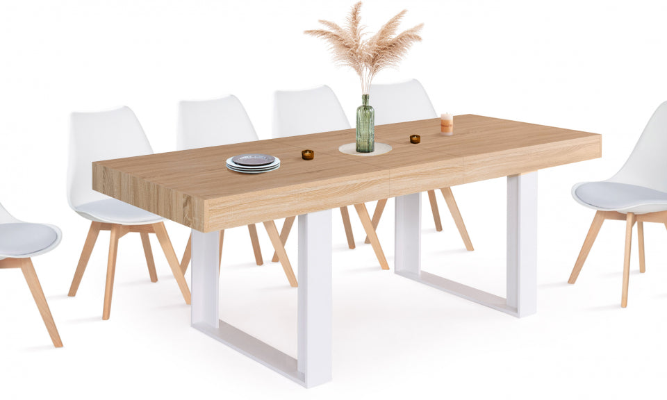 Table repas extensible Brixton 200-300cm plateau bois et pieds blancs