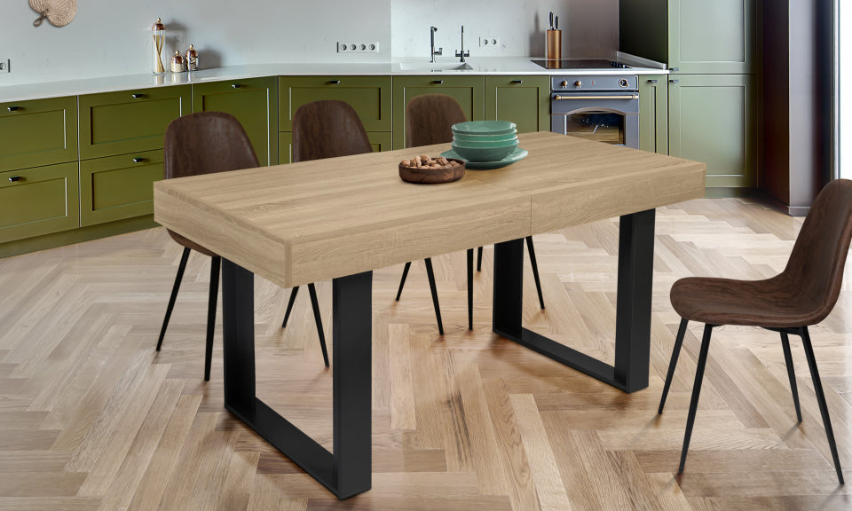 Table repas extensible Brixton 160-200cm plateau bois et pieds noirs