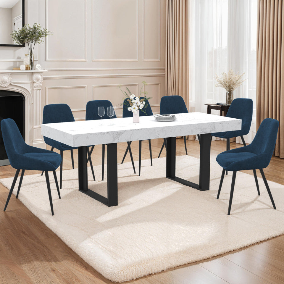 Table repas extensible Brixton 160-200cm plateau imitation marbre et pieds noirs