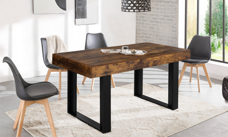 Table repas Brixton 160cm plateau effet bois vieilli et pieds noirs