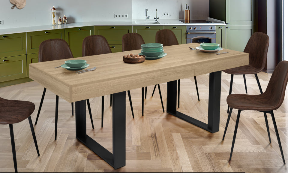 Table repas extensible Brixton 160-200cm plateau bois et pieds noirs