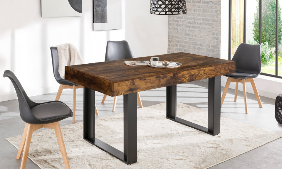 Table repas extensible Brixton 200-300cm plateau effet bois vieilli et pieds noirs