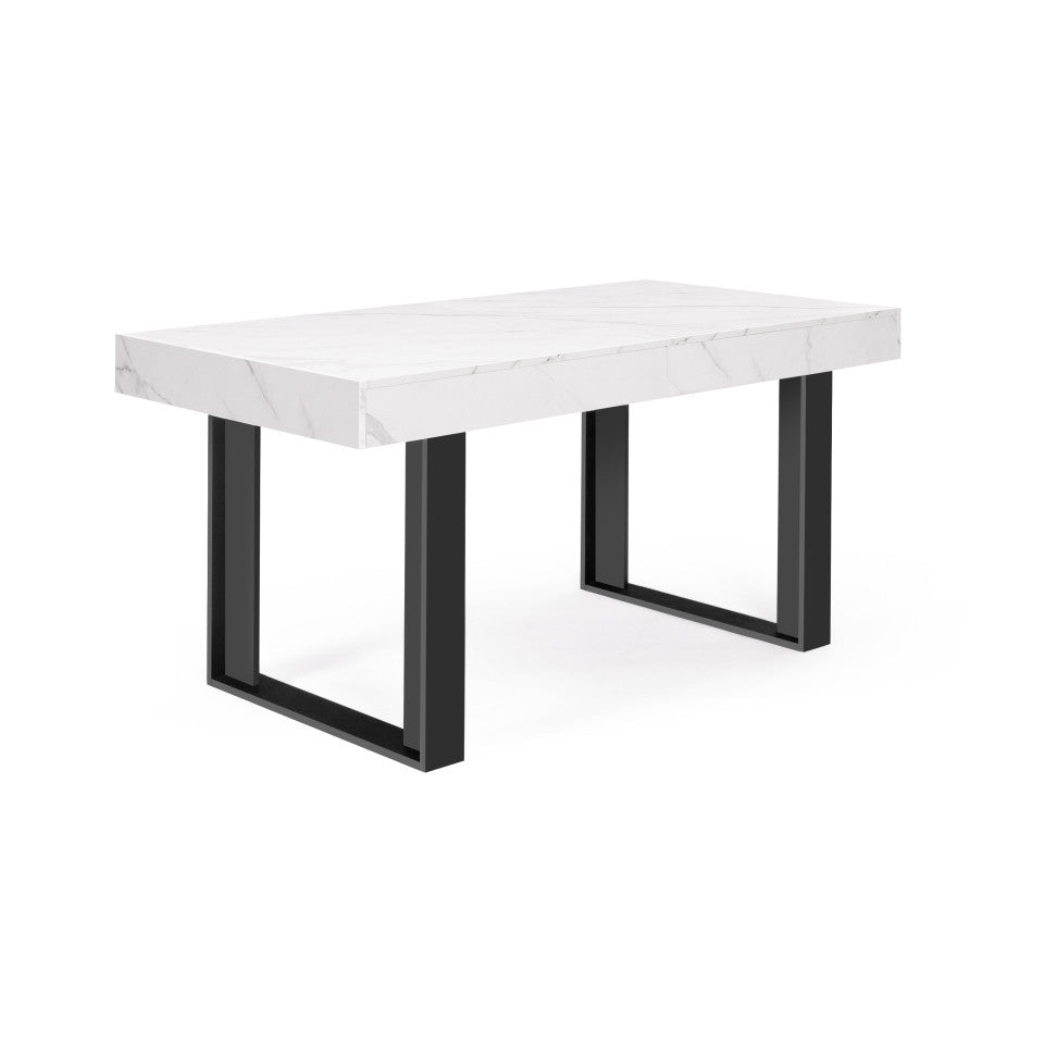 Table repas extensible Brixton 160-200cm plateau imitation marbre et pieds noirs