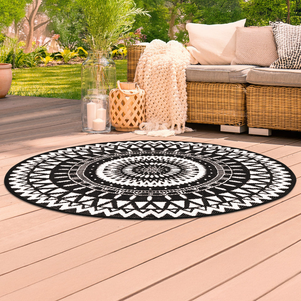 Tapis extérieur rond Maori motifs ethniques noir 250cm