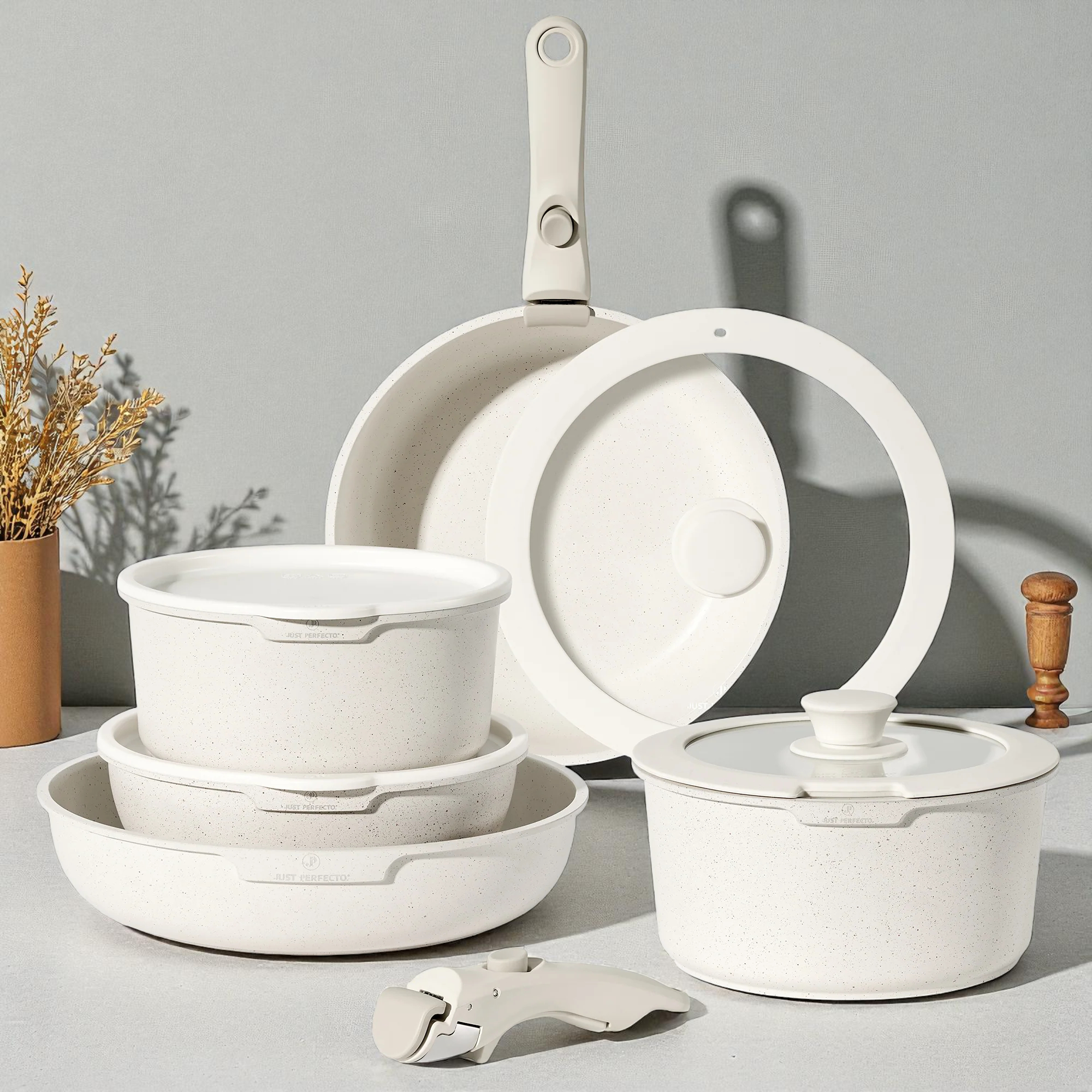 Batterie de cuisine 11 pièces avec poignées amovibles  en Granit Beige - Tous feux dont induction