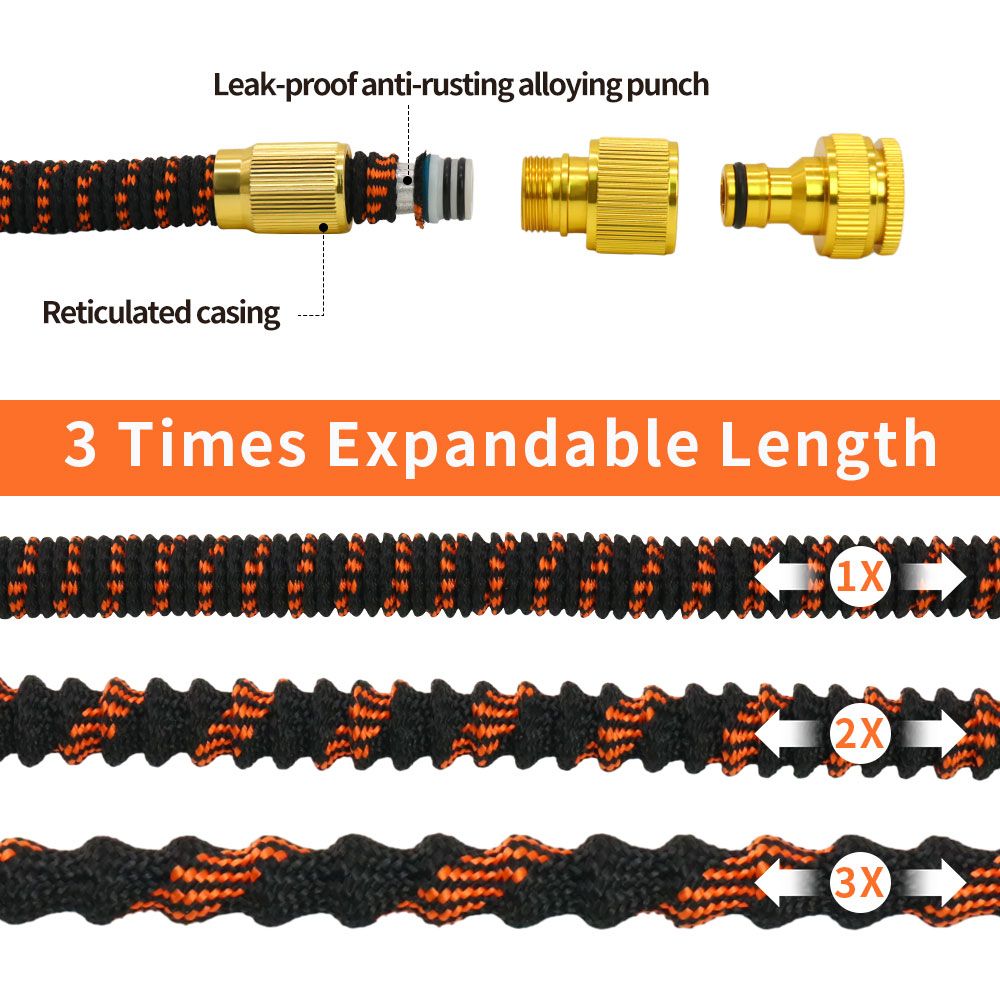 Tuyau d'arrosage flexible jusqu'à 15 mètres + Tête de pulvérisation et support de tuyau - Sac de rangement inclus - Noir/Orange