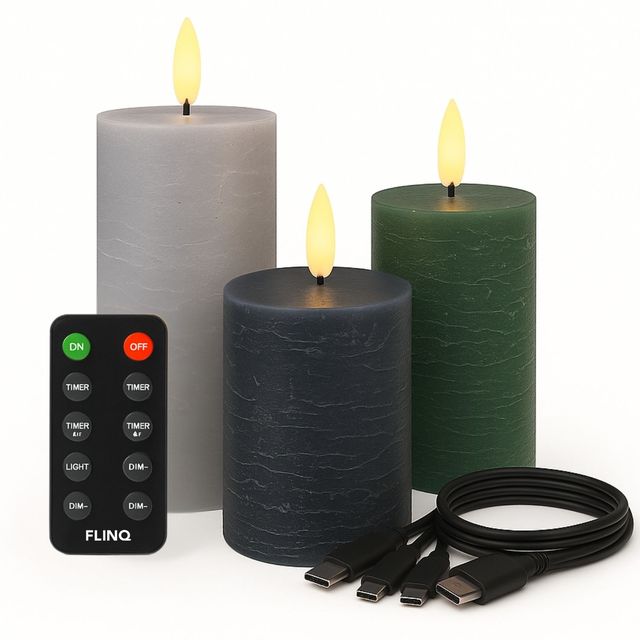 FlinQ - Ensemble de 3 bougies LED rechargeables à flamme vacillante - Télécommande incluse - Neutres chaudes